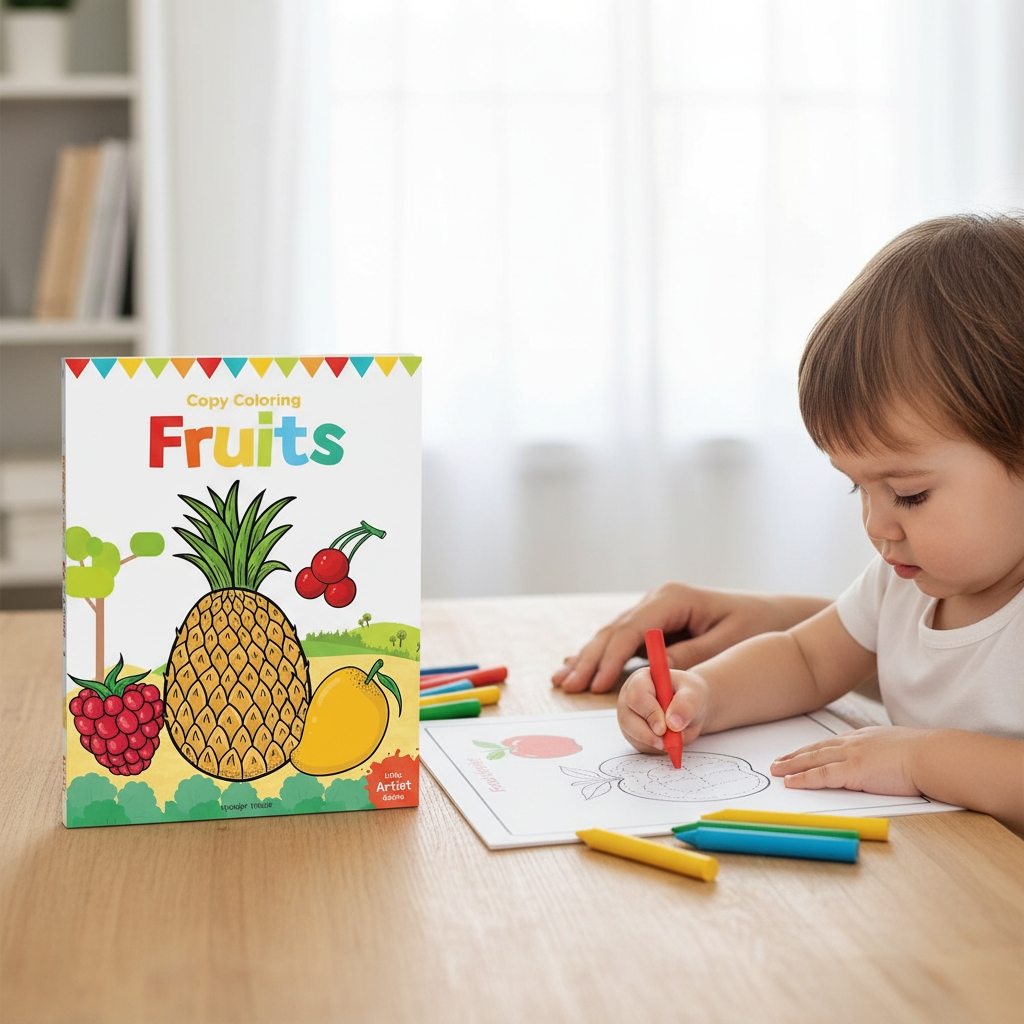 Little Artist Fruits Copy Colouring Book used for fruit recognition and early learning with crayons by SchoolingCare Stationary Store