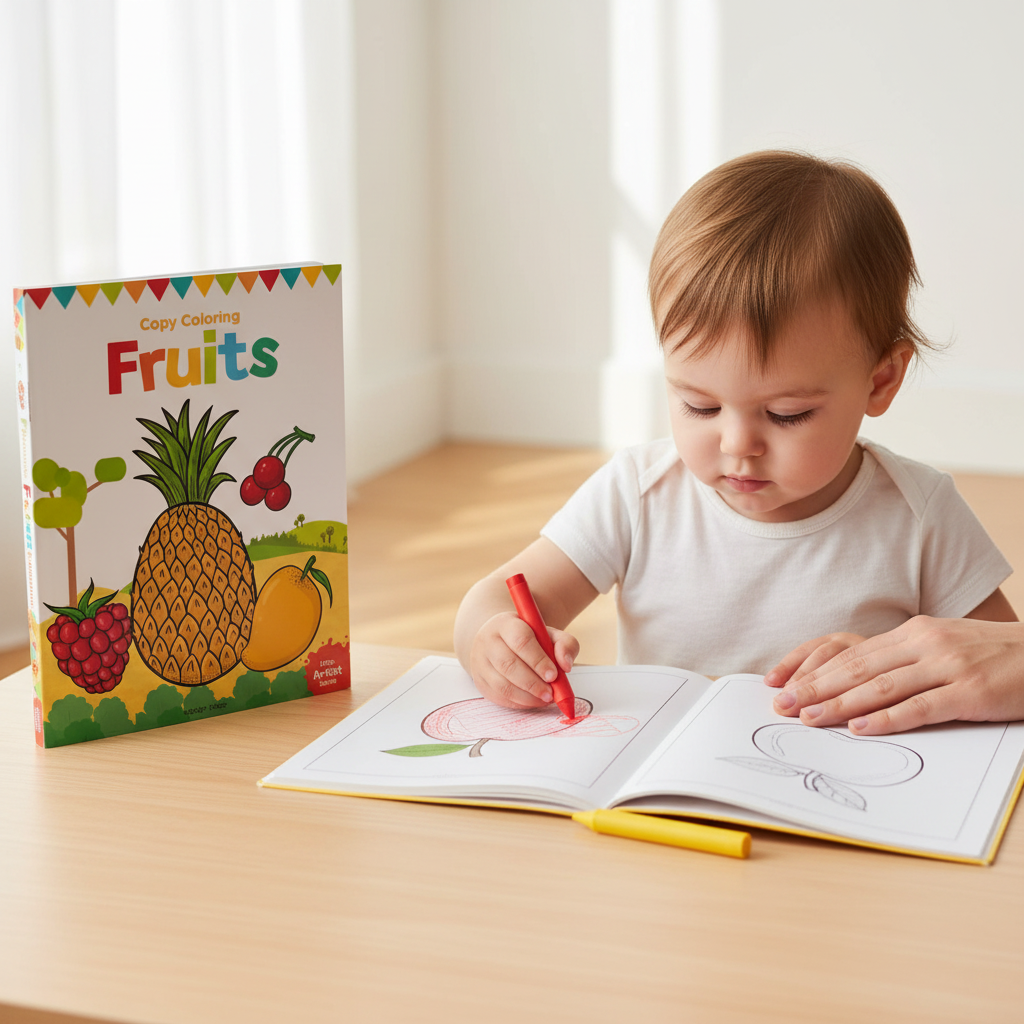 How to use Little Artist Fruits Copy Colouring Book with a child colouring fruit pages by SchoolingCare Stationary Store