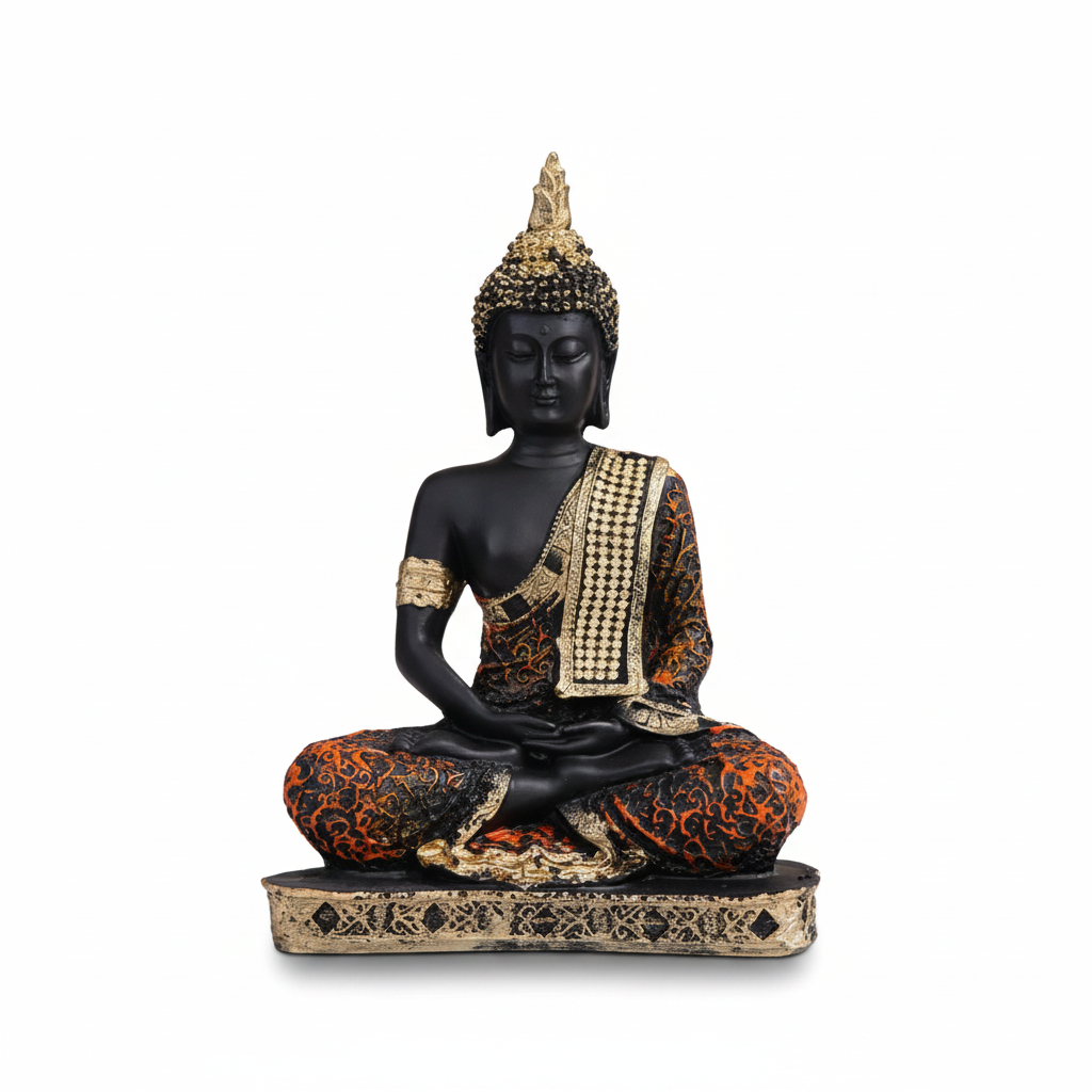 Black and gold meditating Buddha statue on a white background - by SchoolingCare Stationary Store