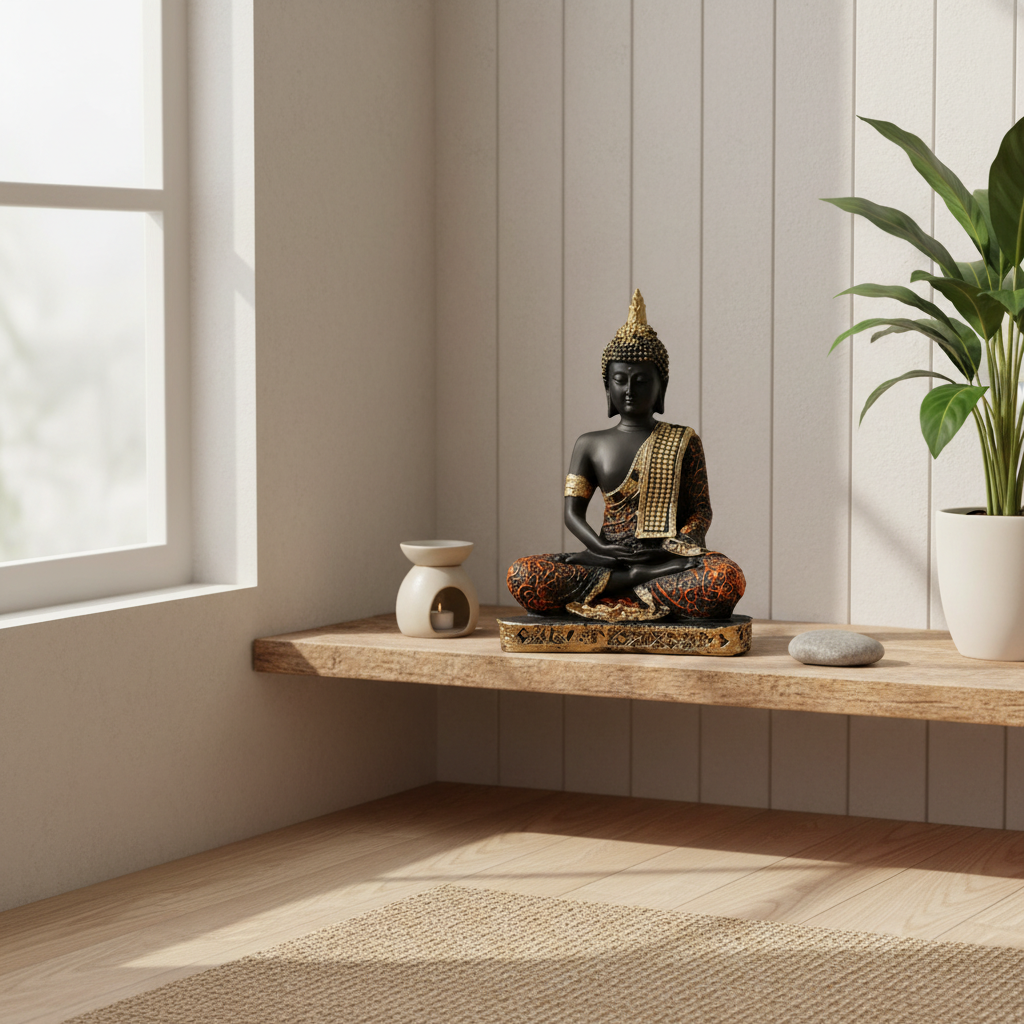 Black and gold Buddha statue styled in a calm meditation space - by SchoolingCare Stationary Store