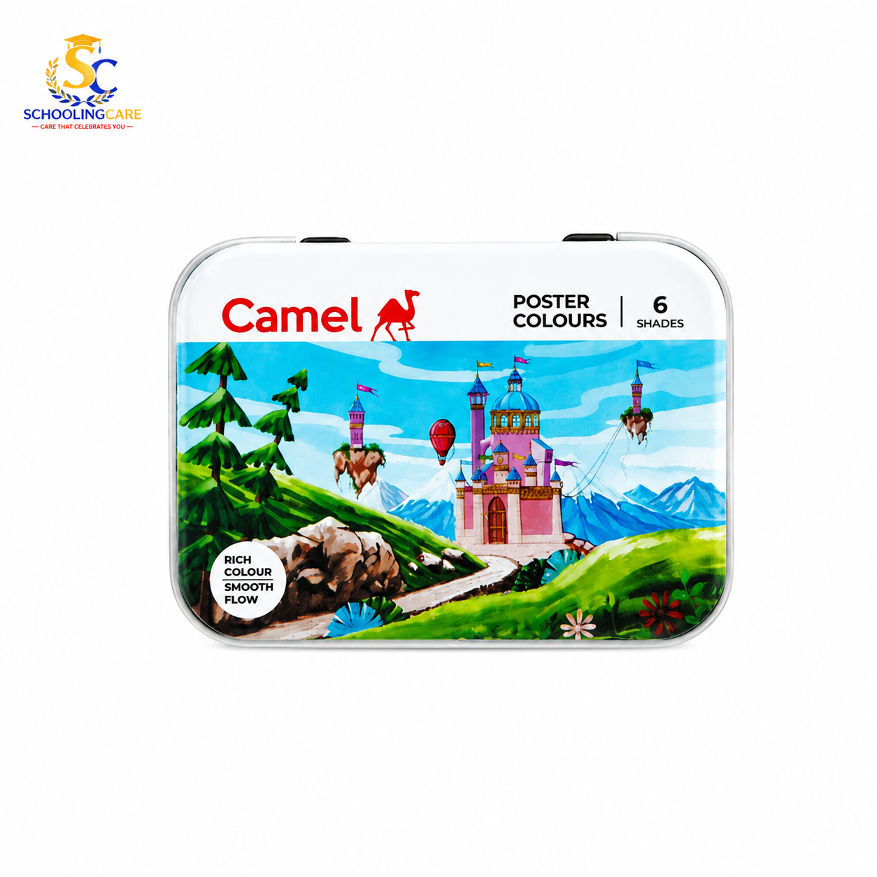  'Camel POSTER COLOURS | 6 SHADES' and includes a SchoolingCare logo in the top-left corner.