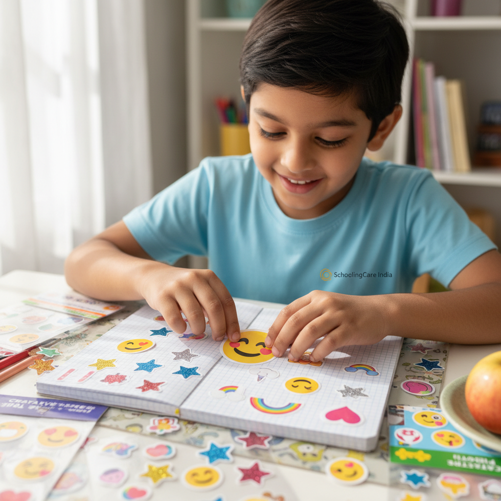 Child decorating notebook with Creative Space Emoji With Stars Stickers - Schoolingcare