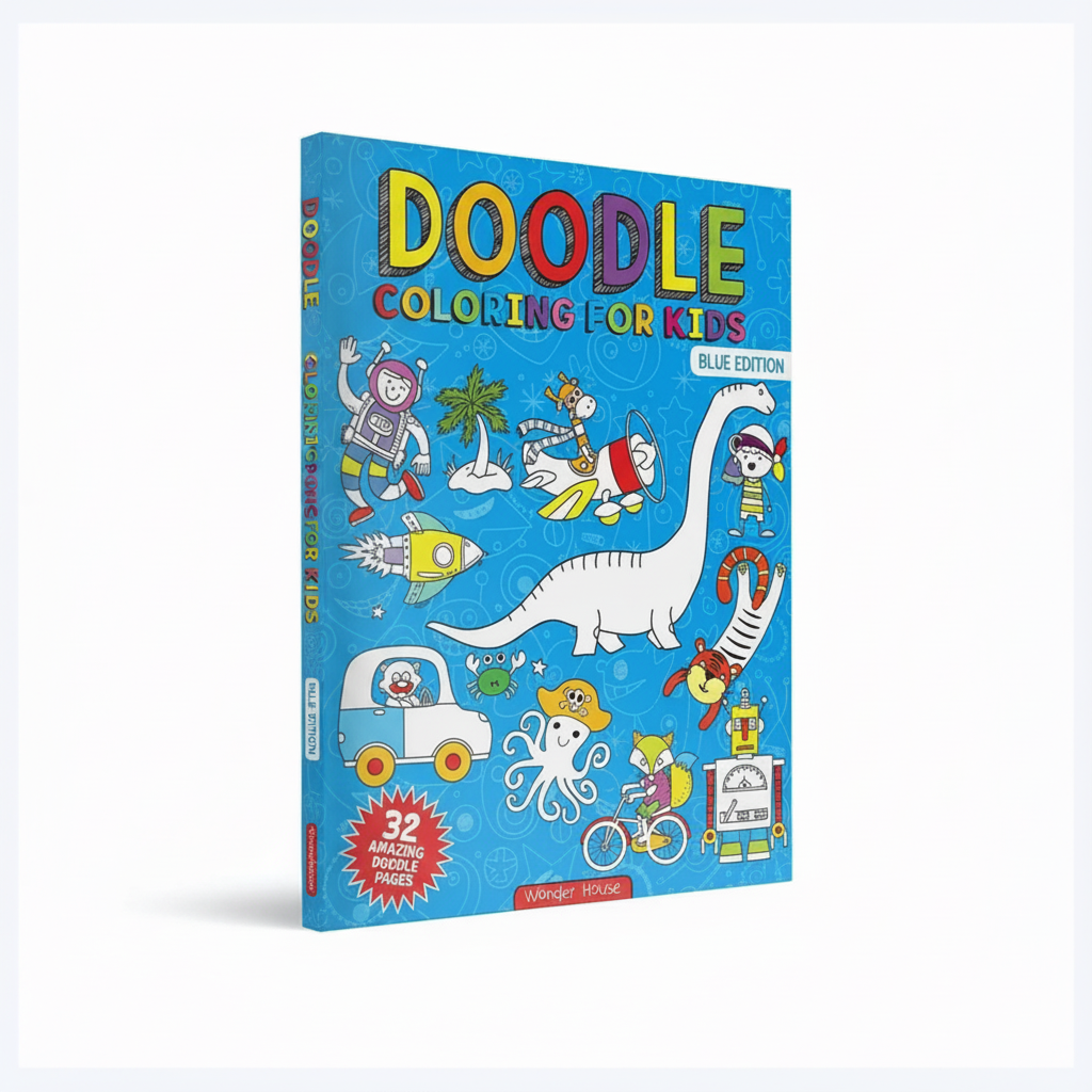 Close detail of Doodle Coloring Book for Kids Blue Edition colourful cover by SchoolingCare Stationary Store