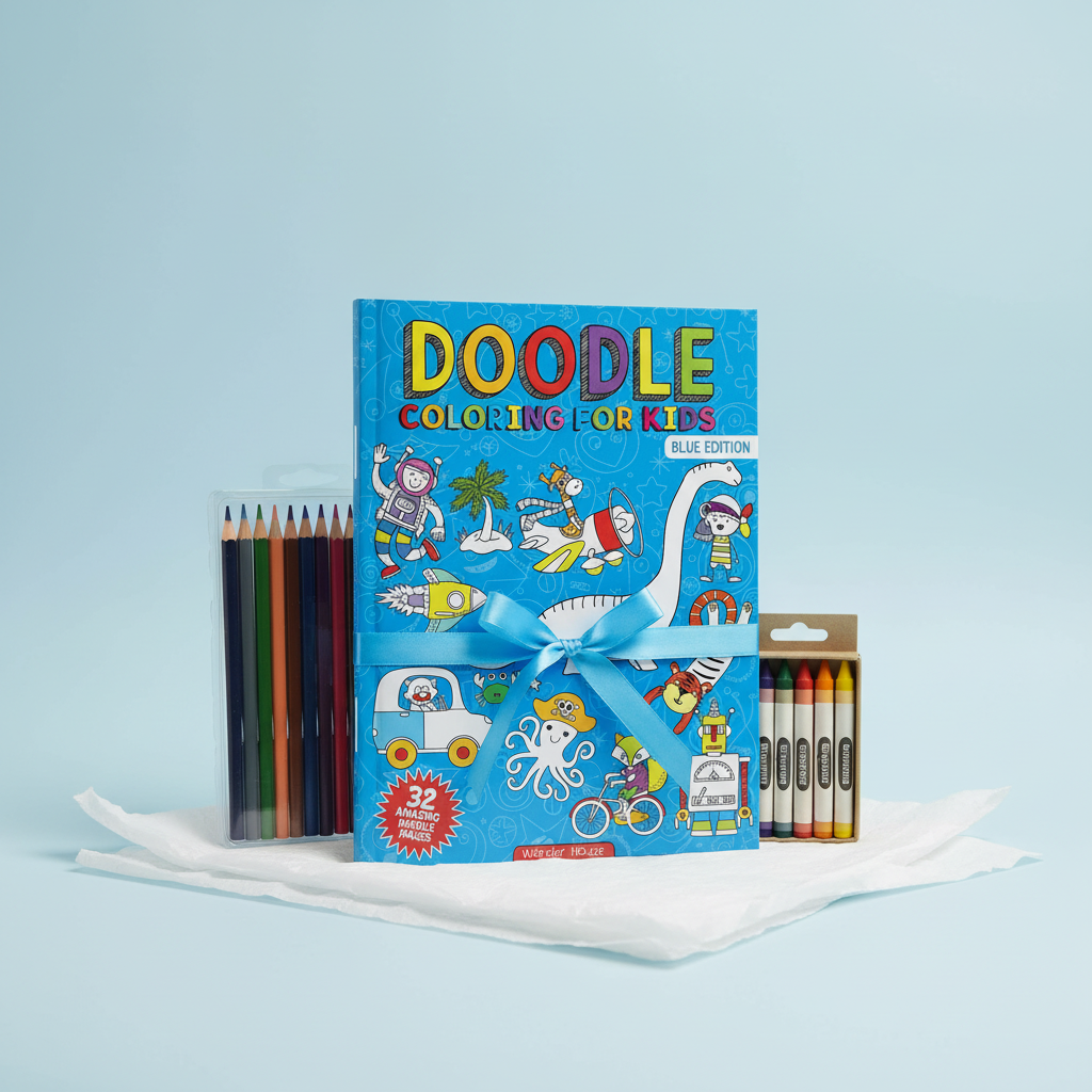 Doodle Coloring Book for Kids Blue Edition in a colourful stationery gift pack by SchoolingCare Stationary Store