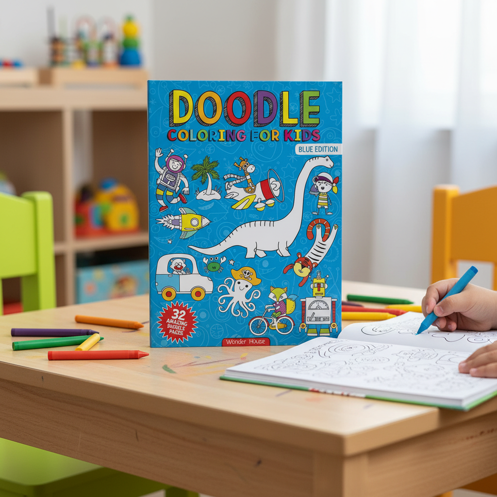 Doodle Coloring Book for Kids Blue Edition used with crayons for creative activity by SchoolingCare Stationary Store