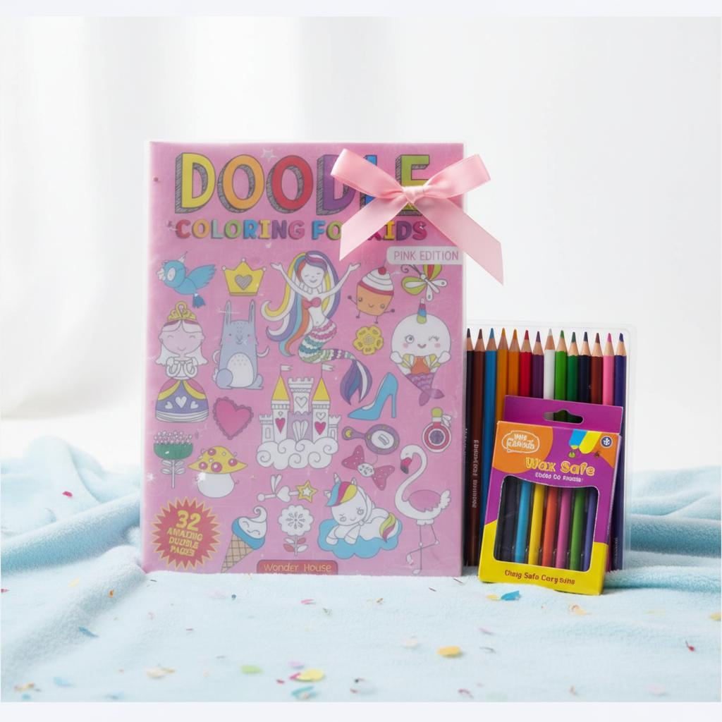 Close detail of Doodle Coloring Book for Kids Pink Edition colourful cover by SchoolingCare Stationary Store