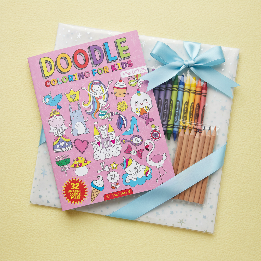 Doodle Coloring Book for Kids Pink Edition in a colourful stationery gift pack by SchoolingCare Stationary Store