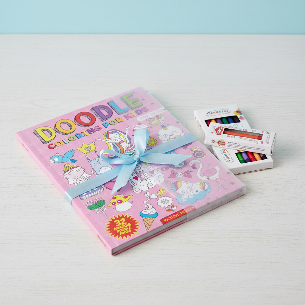 Doodle Coloring Book for Kids Pink Edition used with crayons for creative activity by SchoolingCare Stationary Store