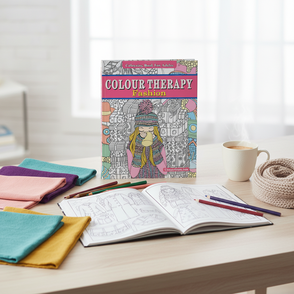 Colour Therapy Fashion Colouring Book for Adults with fashion fabric swatches, coffee, and coloured pencils by SchoolingCare Stationary Store