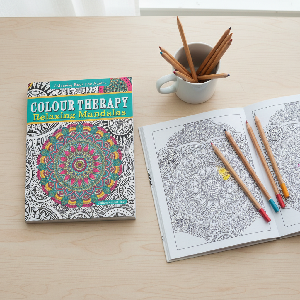 Colour Therapy Relaxing Mandalas adult colouring book used with coloured pencils for creative relaxation by SchoolingCare Stationary Store
