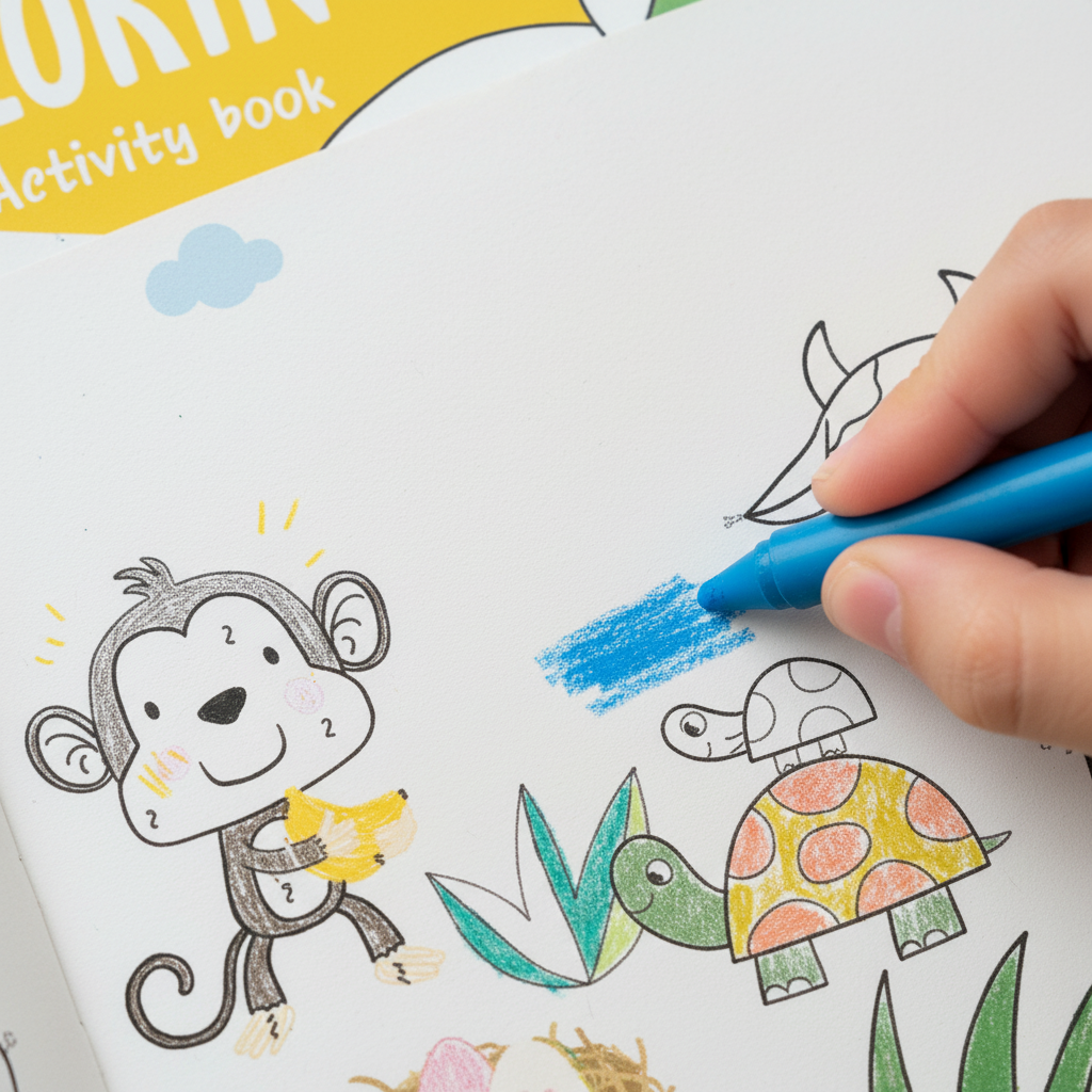 Close-up Crayon Coloring Activity Book interior page with chunky crayon and animal outlines by SchoolingCare Stationary Store
