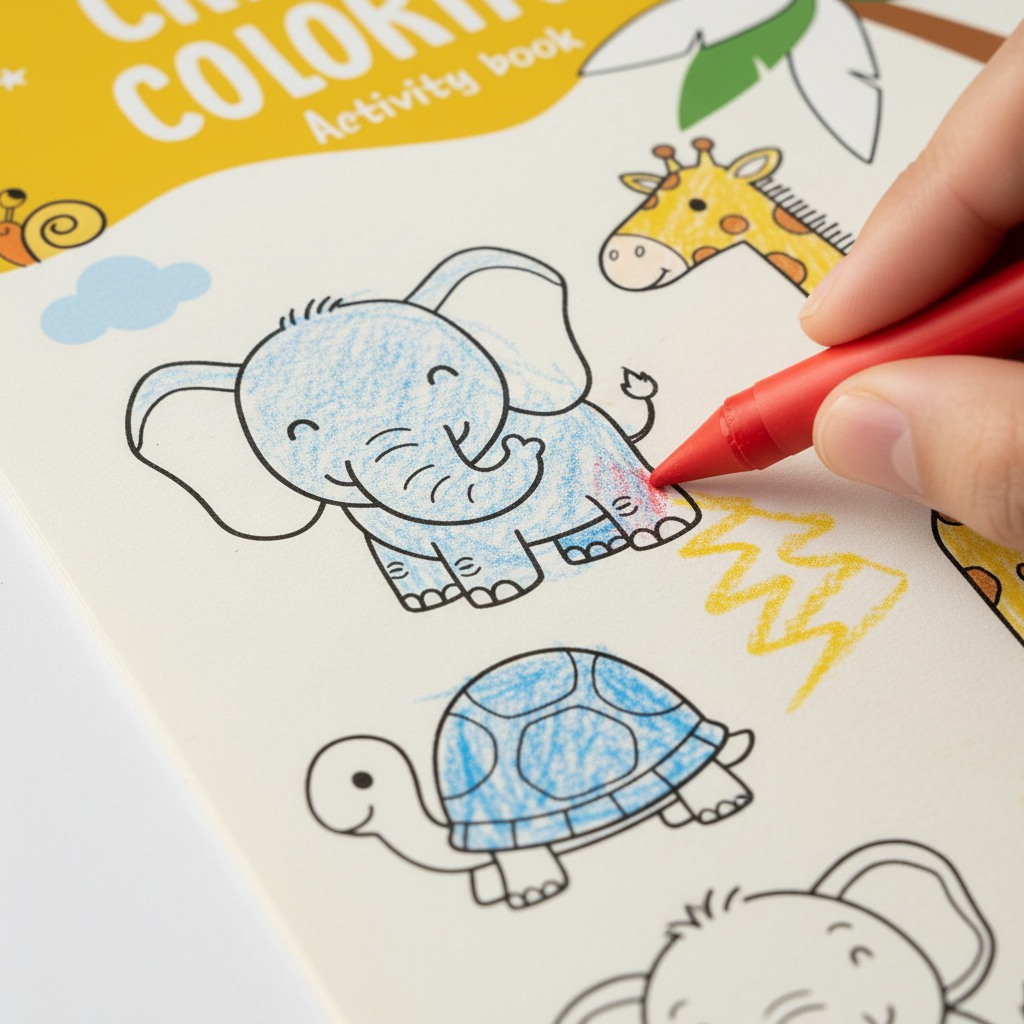 How to use Crayon Coloring Activity Book with toddler hands using chunky crayons on an animal page by SchoolingCare Stationary Store