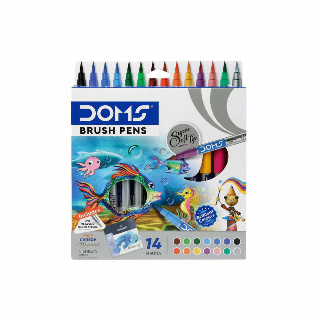  DOMS brush pens set of 14 shades for calligraphy, art and school projects- Order Now at SchoolingCare Stationary store Online
