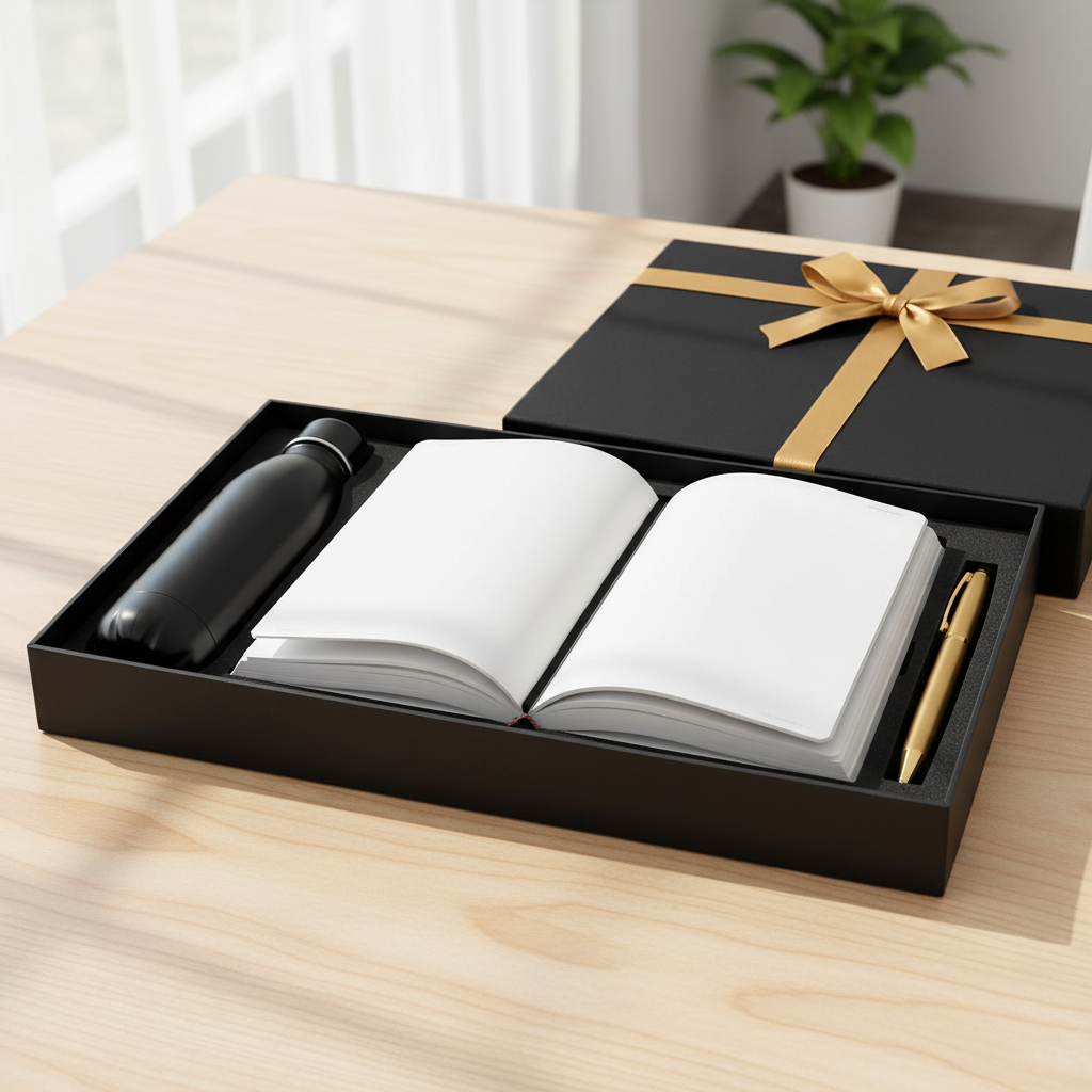 Diary open with a pen and reusable bottle on a professional office desk
