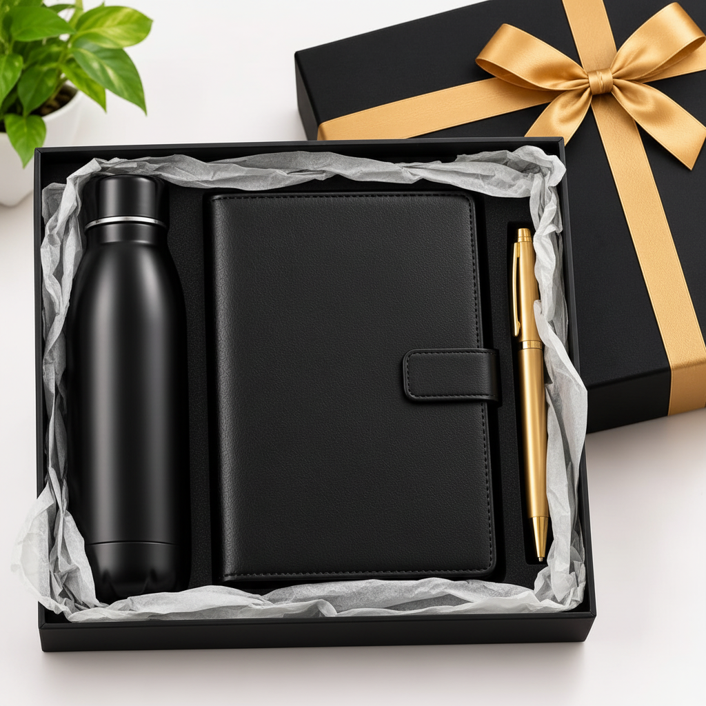 Diary, pen and reusable bottle arranged in an elegant gift box