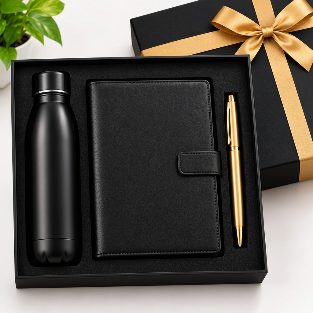 Diary, pen and reusable bottle arranged as a practical gift pack by Schoolingcare