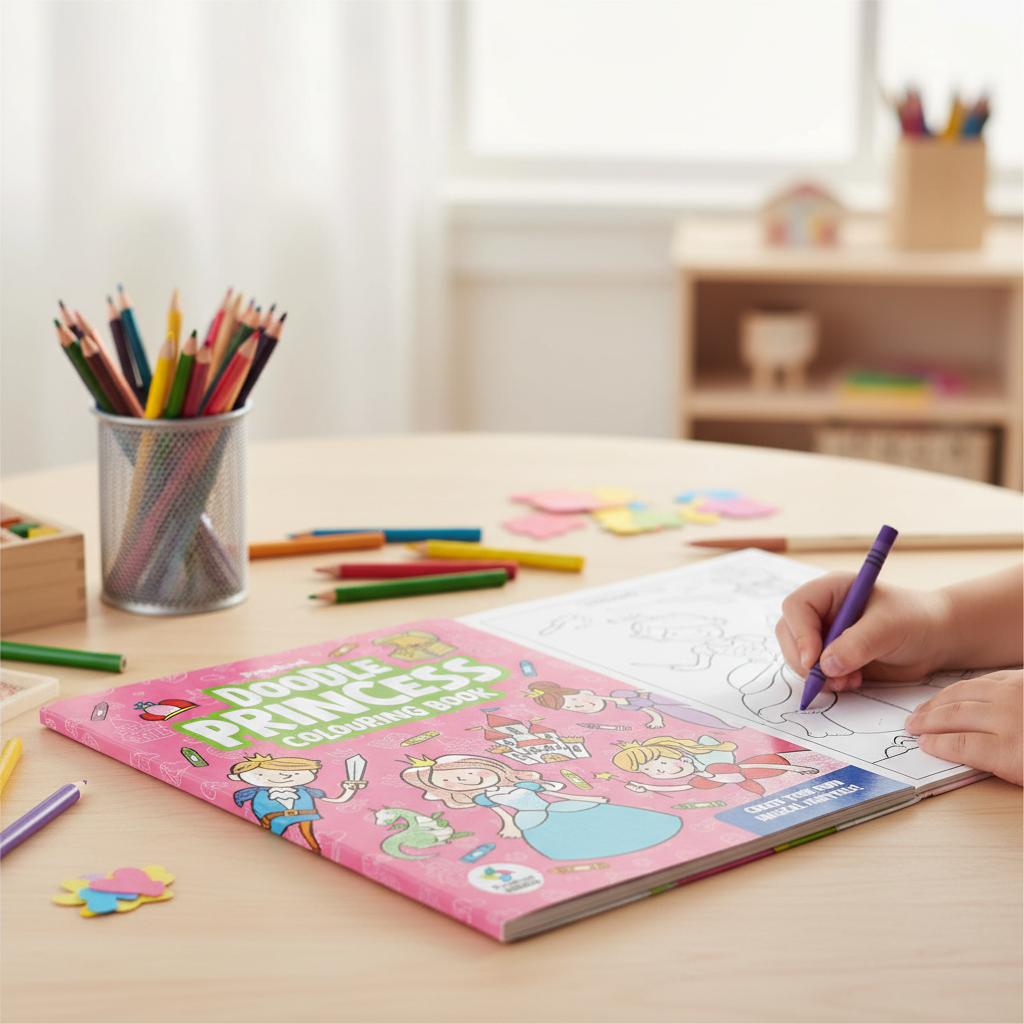 Doodle Princess colouring book used for children’s creative activity with crayons by SchoolingCare Stationary Store