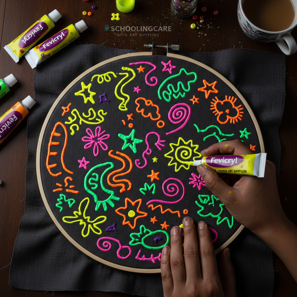 Fevicryl 3D Neon Liners creating doodle art on fabric with neon colours - Schoolingcare