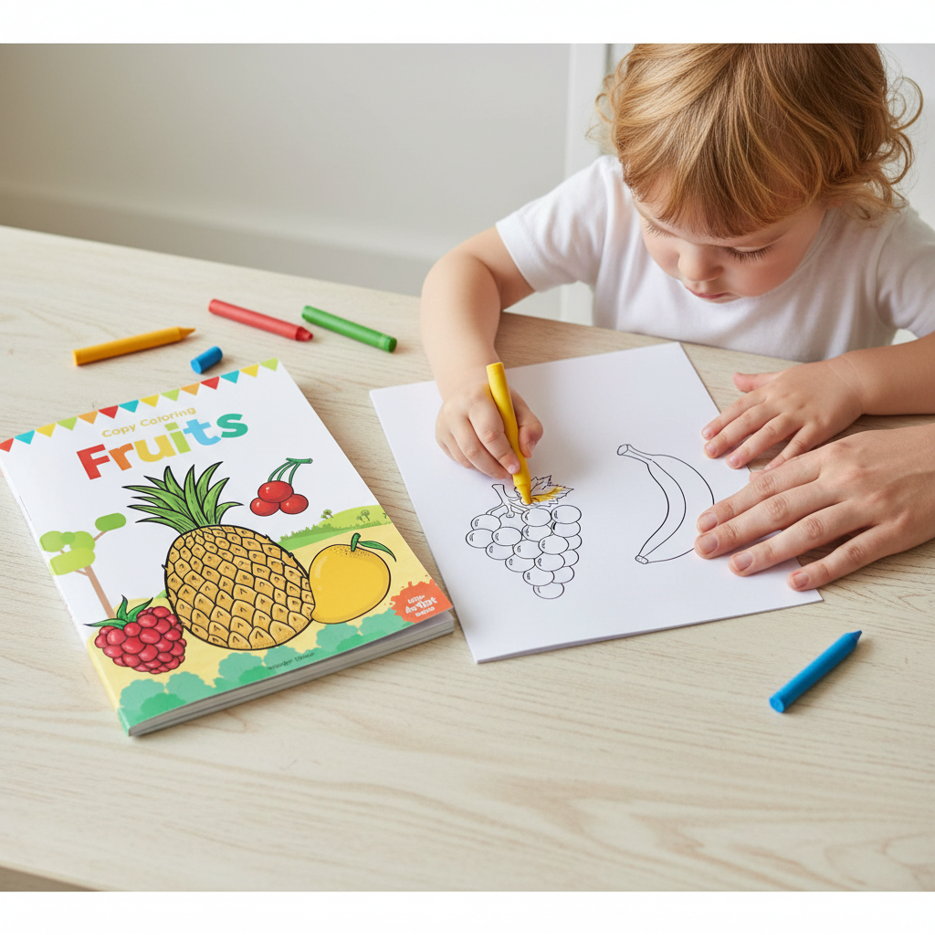 Close-up detail of Little Artist Fruits Copy Colouring Book colourful fruit cover by SchoolingCare Stationary Store