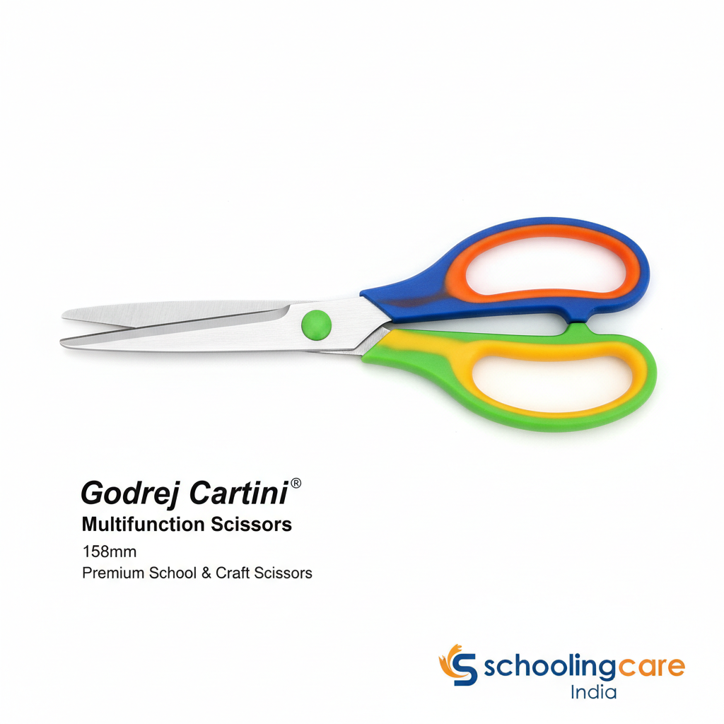 Godrej Cartini Multifunction Scissors 158mm Multicolour flat lay product photography - Schoolingcare