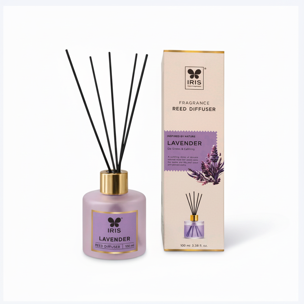 IRIS Lavender reed diffuser bottle and matching box on a white background- Order Now at SchoolingCare Stationary store Online