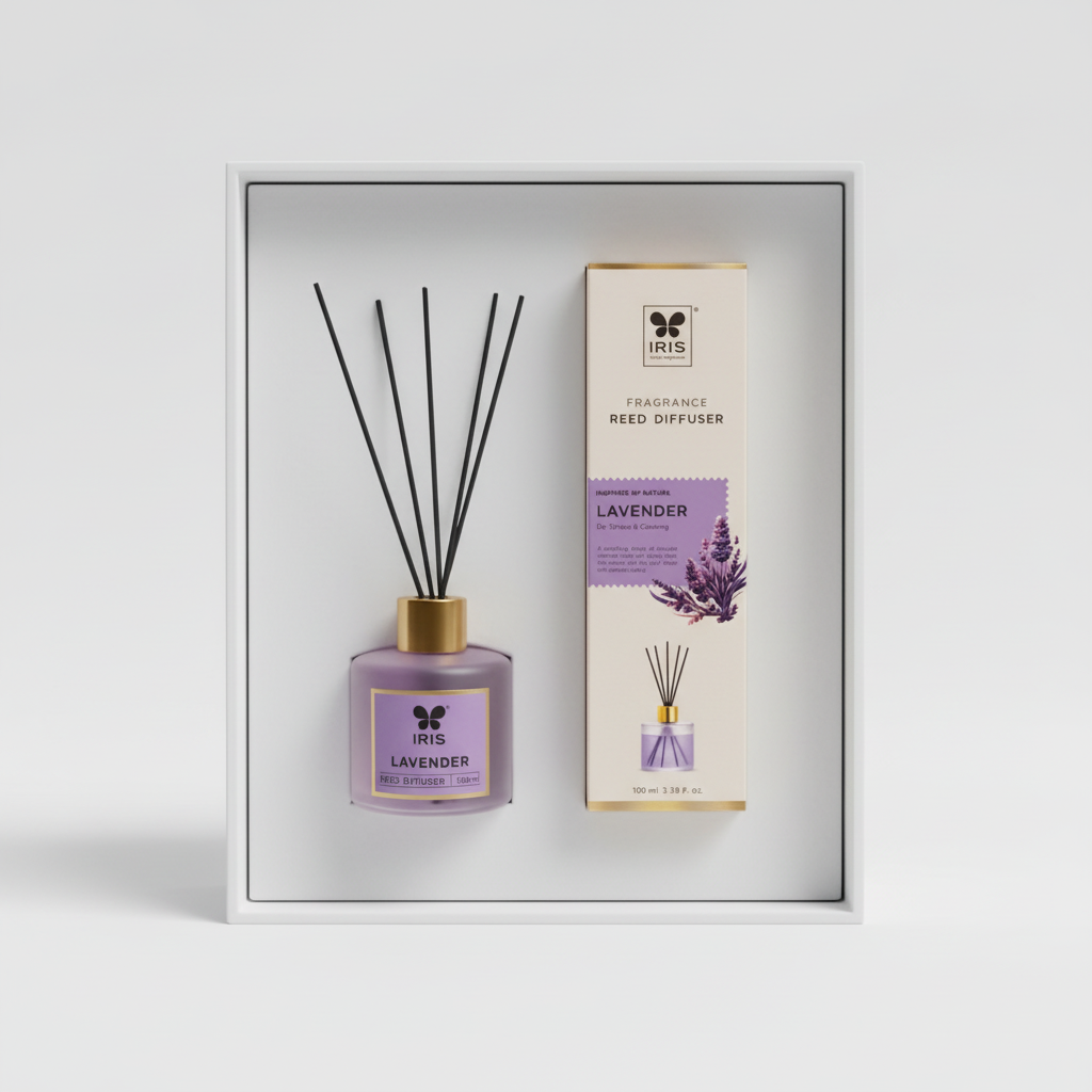 IRIS Lavender reed diffuser set with bottle and matching box in gift presentation
