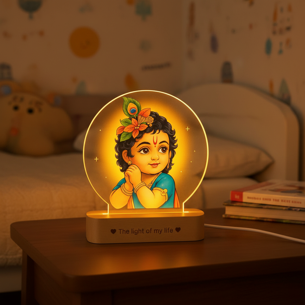 Krishna LED night lamp glowing on a child bedroom bedside table by SchoolingCare Stationary Store