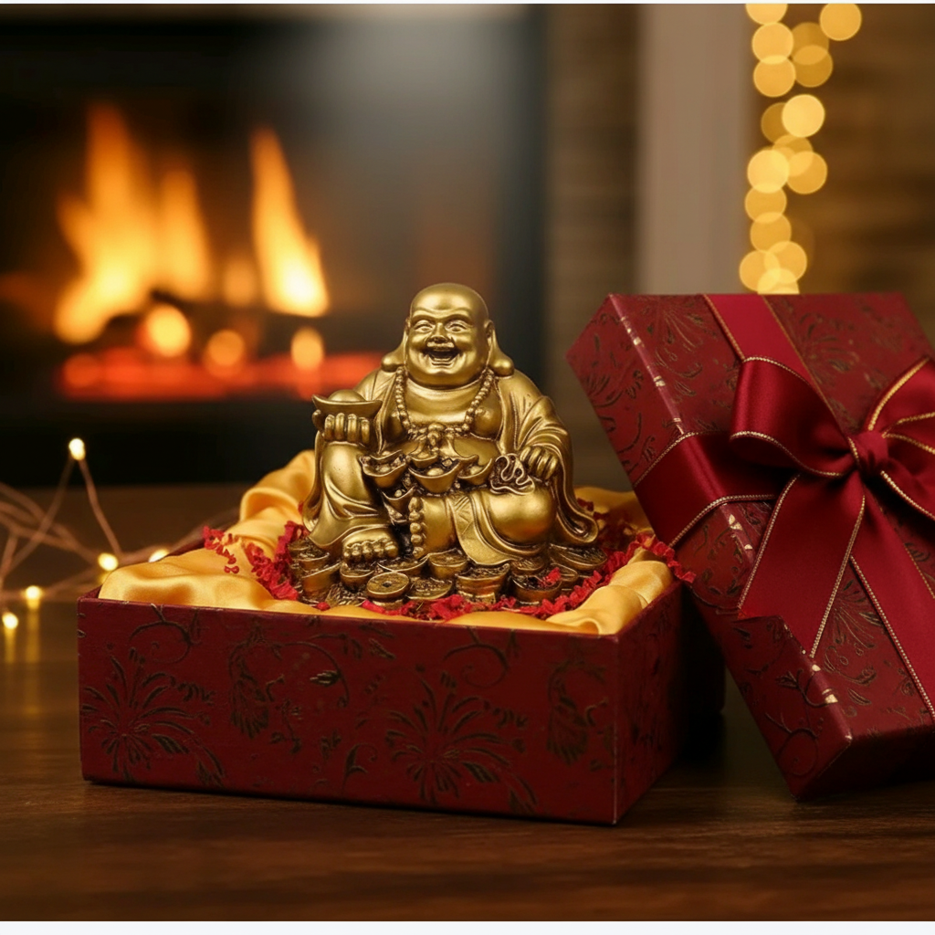 Golden Laughing Buddha statue in a premium gift presentation by SchoolingCare Stationary Store