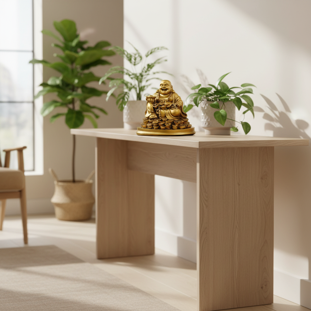 Golden Laughing Buddha statue styled in a home decor setting by SchoolingCare Stationary Store