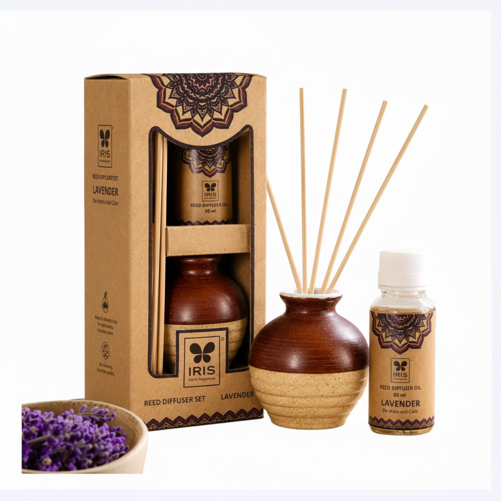 Close view of IRIS Lavender diffuser bottle, reed sticks, oil bottle and packaging