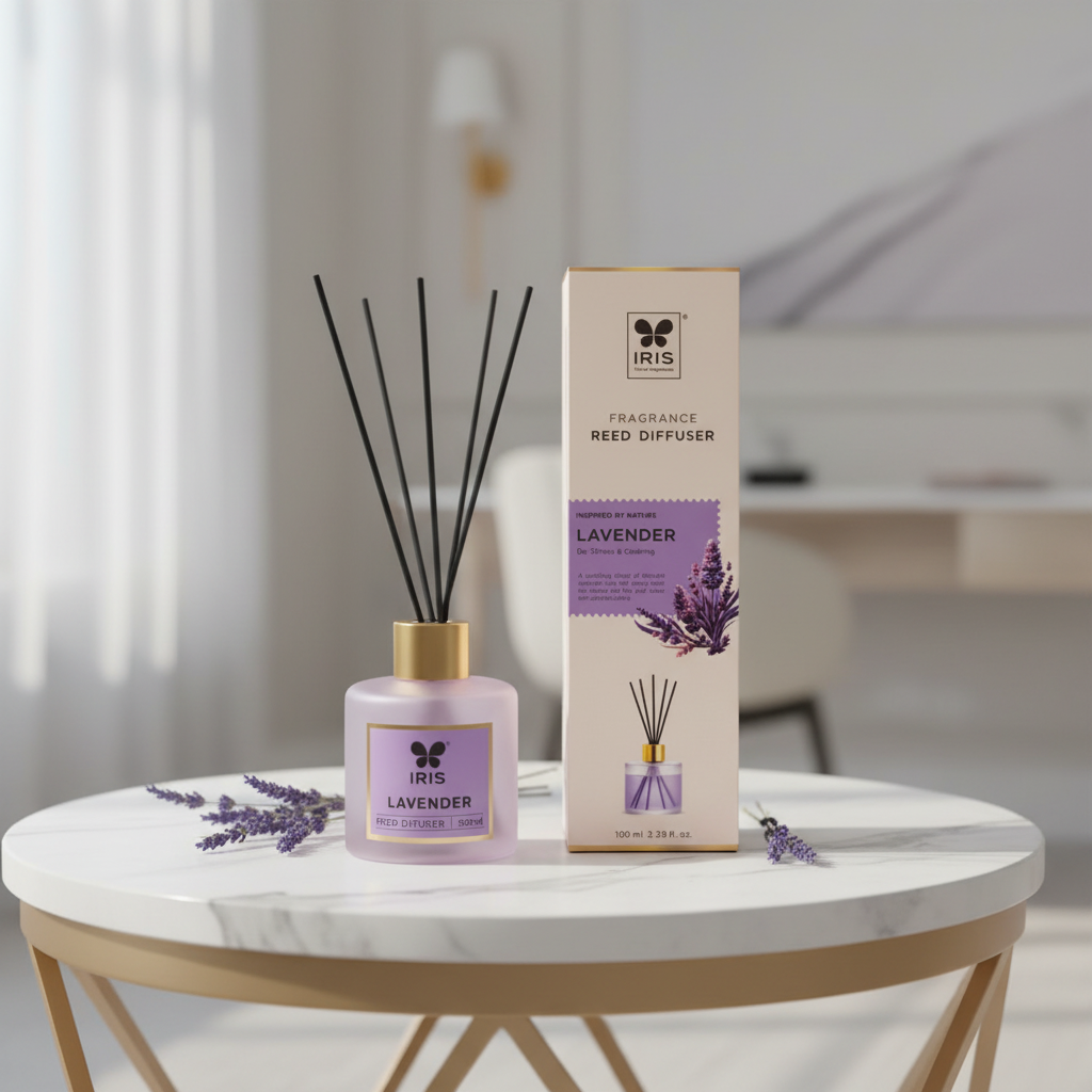 IRIS Lavender reed diffuser bottle and box styled on a bright console