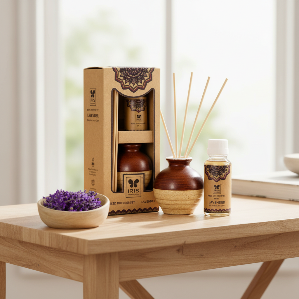 IRIS Lavender reed diffuser gift set styled in a bright home or office setting