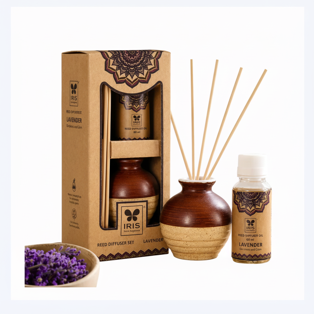 IRIS Lavender reed diffuser gift set with diffuser bottle, reeds, oil bottle and box