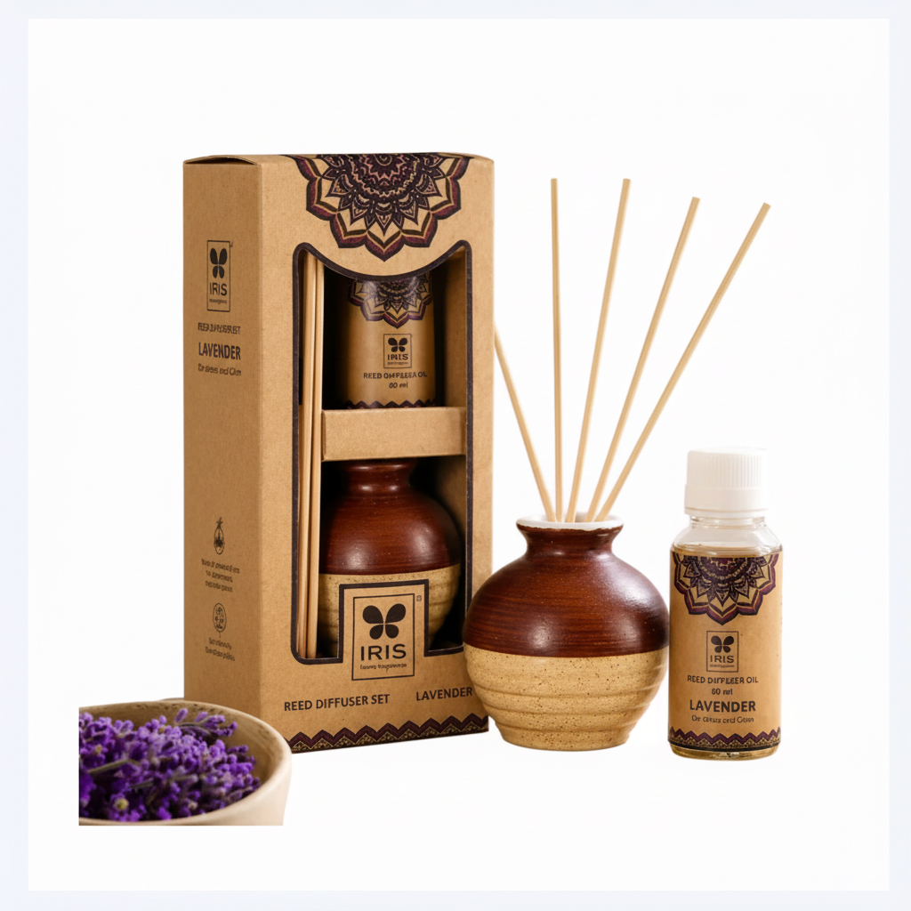 IRIS Lavender reed diffuser gift set with fragrance oil and matching box