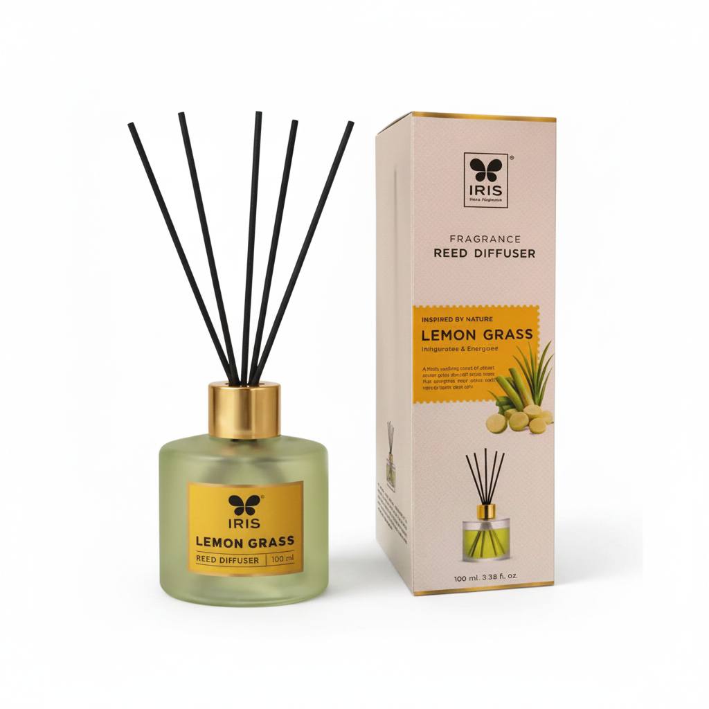 IRIS Lemon Grass reed diffuser bottle and matching box on a white background - Order Now at SchoolingCare Stationary store Online