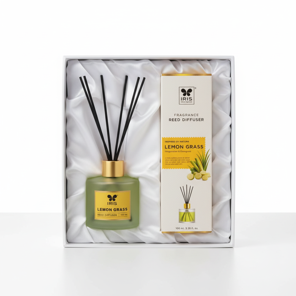 IRIS Lemon Grass reed diffuser set with bottle and matching box in gift presentation