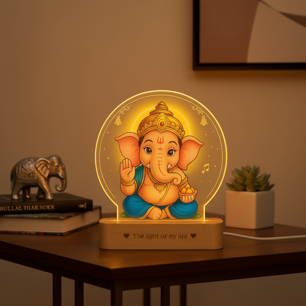 Lord Ganesha LED photo lamp glowing in a home decor setting by SchoolingCare Stationary Store