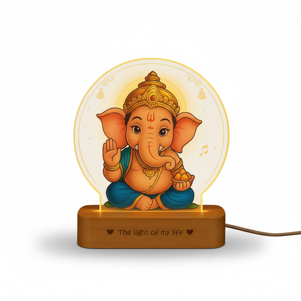 Lord Ganesha acrylic LED photo lamp on a clean white background by SchoolingCare Stationary Store