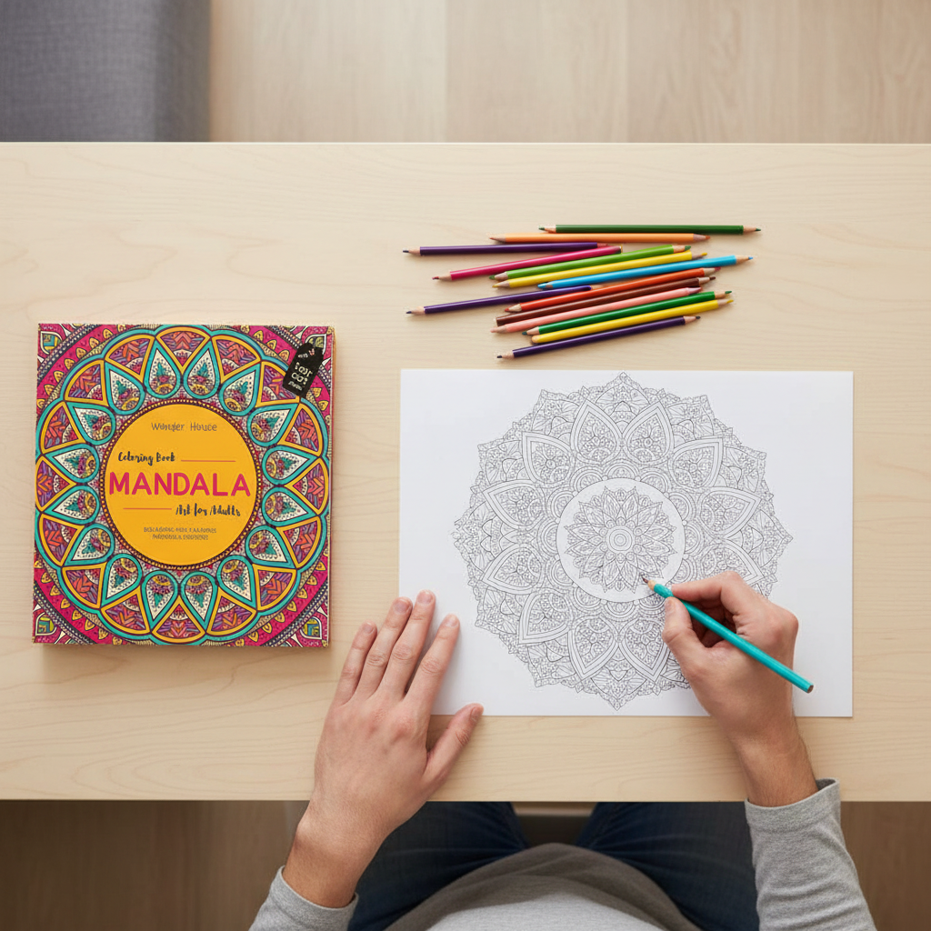 Adult using Mandala Art Colouring Book for Adults and colouring a removable sheet with pencils by SchoolingCare Stationary Store