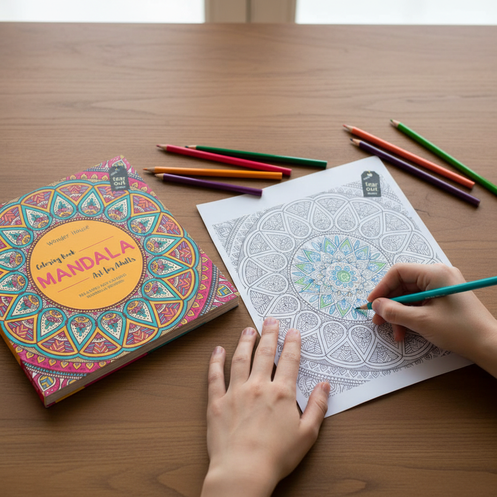 Mandala Art Colouring Book for Adults lifestyle scene with tear-out sheets, pencils, and a cup by SchoolingCare Stationary Store