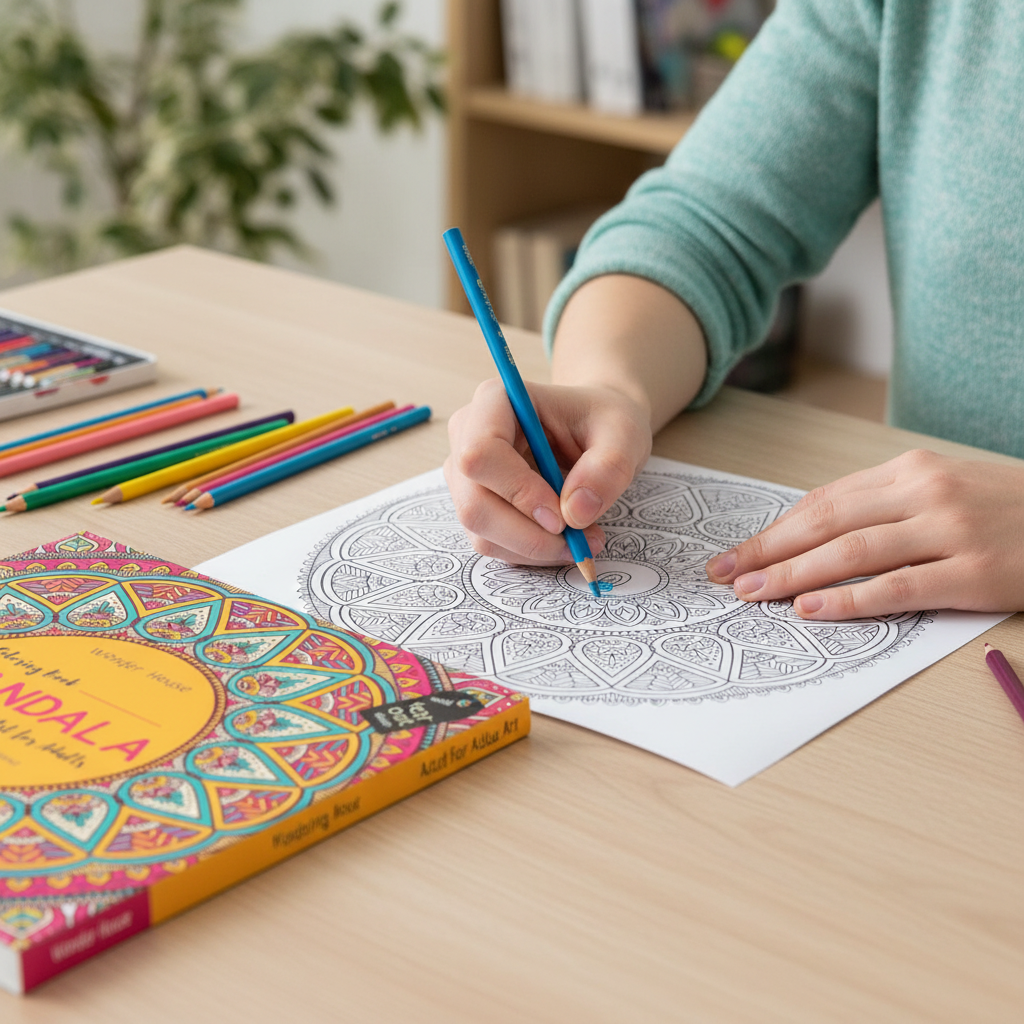 Close view of Mandala Art Colouring Book for Adults tear-out sheet and detailed mandala pattern by SchoolingCare Stationary Store