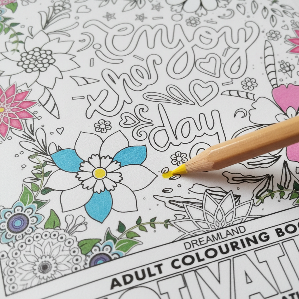 Close view of Motivation Adult Colouring Book interior floral page with coloured pencil by SchoolingCare Stationary Store