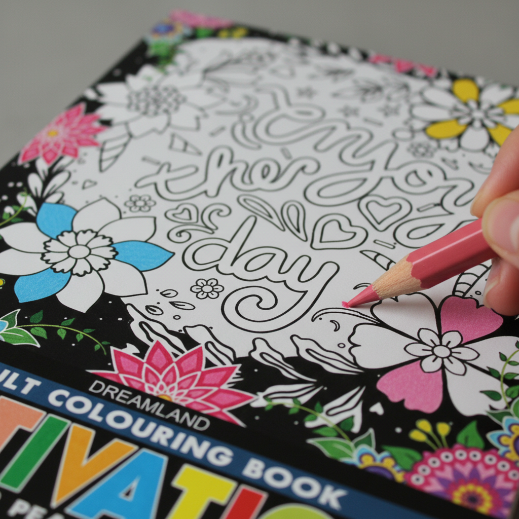Motivation Adult Colouring Book lifestyle scene with journal, tea, plant, and coloured pencils by SchoolingCare Stationary Store