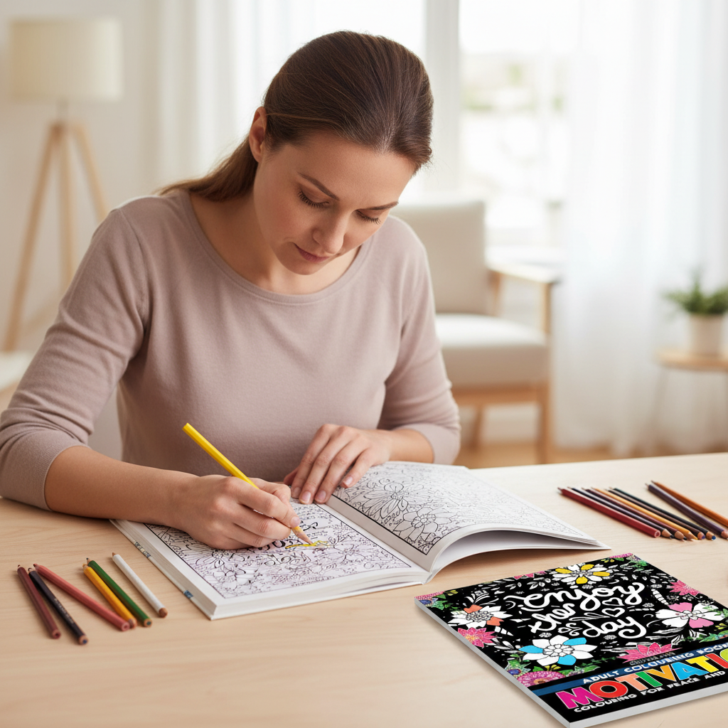 Adult using Motivation Adult Colouring Book with coloured pencils on floral artwork by SchoolingCare Stationary Store