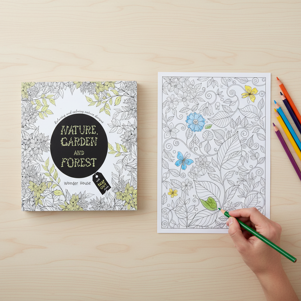 Close-up detail of Nature Garden and Forest adult colouring book botanical cover by SchoolingCare Stationary Store