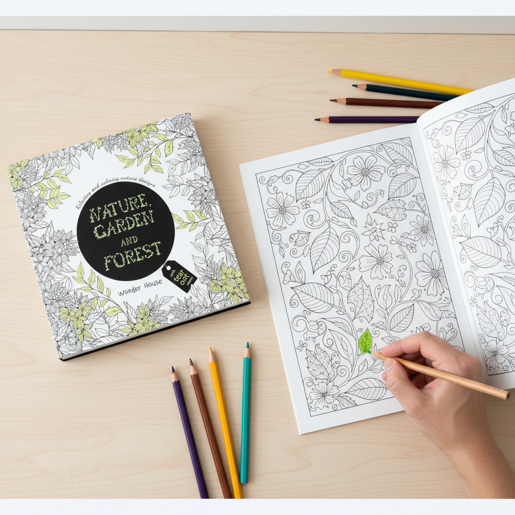 Nature Garden and Forest adult colouring book with leaves, flowers, and coloured pencils by SchoolingCare Stationary Store