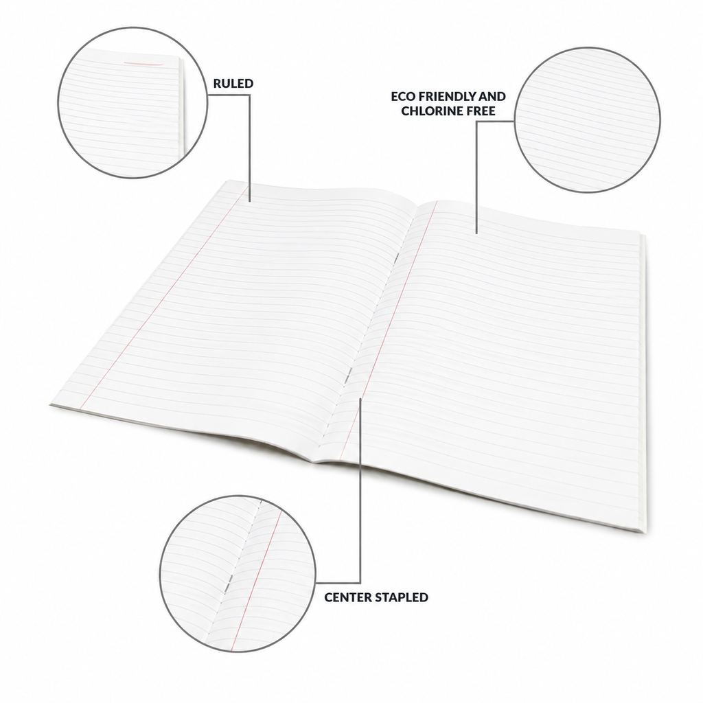 An open white ruled notebook with red margin lines, shown on a light gray background with three circular callout insets highlighting features: ruled lines, eco-friendly and chlorine free paper, and center stapling.