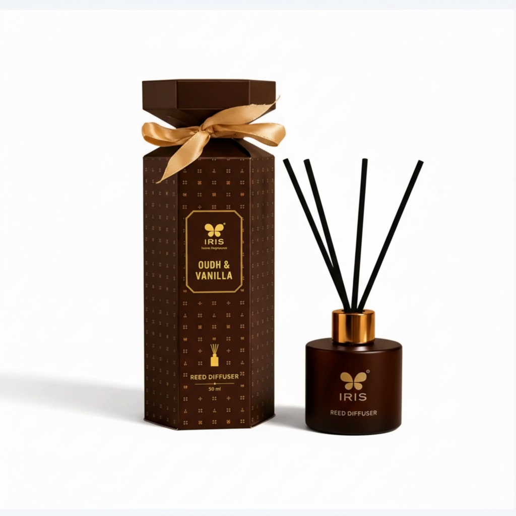 Close view of IRIS Oudh and Vanilla reed diffuser bottle and gift box - by SchoolingCare Stationary Store