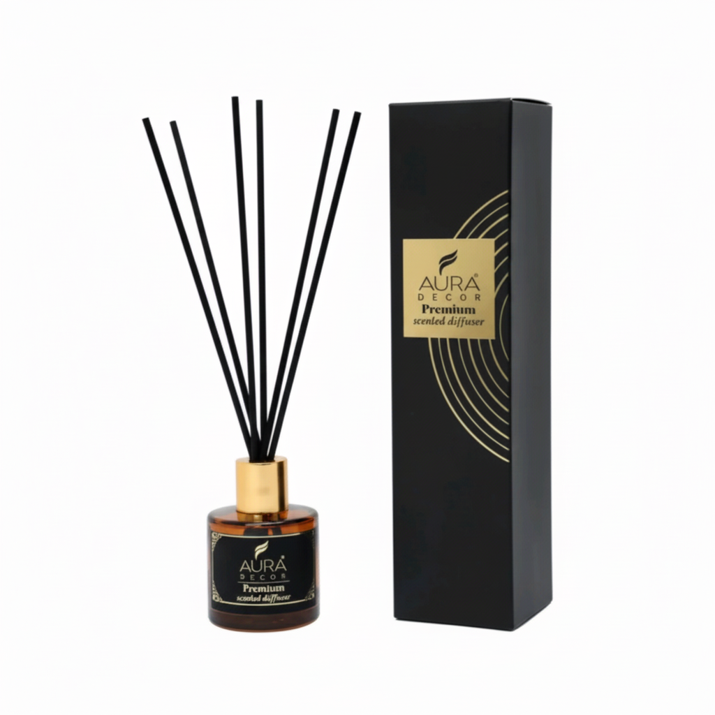 Close view of AURA Precious reed diffuser bottle and black gift box - by SchoolingCare Stationary Store
