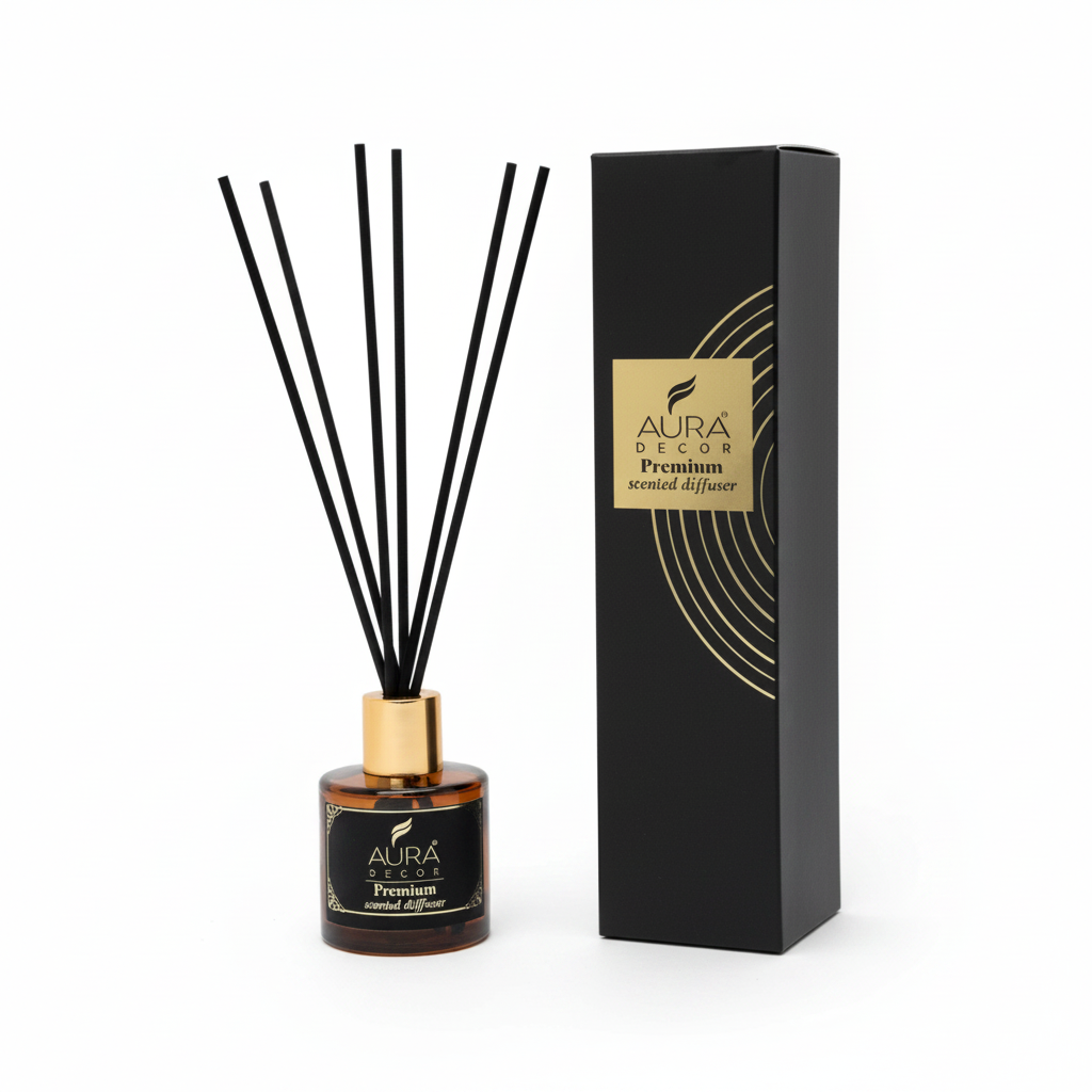 AURA Precious reed diffuser bottle and black gift box on white - by SchoolingCare Stationary Store